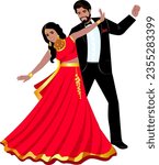 Indian couple dancing in the garden Groom in formal wedding suit  Bride in traditional wedding red sari Wedding couple smiling Vector