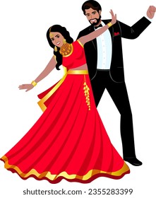 Indian couple dancing in the garden Groom in formal wedding suit  Bride in traditional wedding red sari Wedding couple smiling Vector