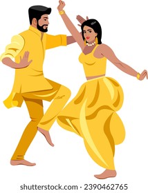 Indian couple dancing joyfully at a wedding. Bride and groom in bright yellow outfits  Vector