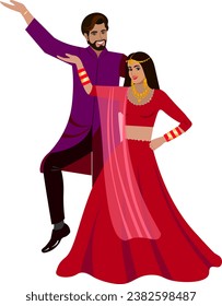 Indian couple dancing at their wedding Groom in dark purple wedding suit Bride in traditional wedding red sari Vector