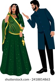 Indian couple dancing a traditional wedding dance at their wedding Newlywed bride and groom in national folk wedding costumes in dark green color Vector