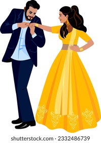Indian couple dancing at the wedding. Bride in a yellow patterned sari. Groom in a dark blue suit kisses the hand of the bride Vector