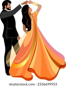 Indian couple dancing at the wedding. Bride in golden color sari. Groom in formal dark suit Vector