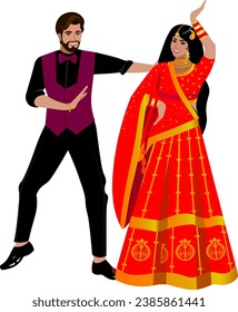 pareja india bailando en boda Novia en tradicional boda sari rojo con traje de lilac con corbata de arco Vector