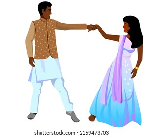 Indian couple dancing wedding dance in beautiful national dress  Vector  suitable wedding invitations Bollywood parties