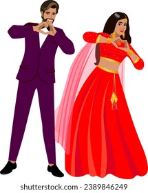 Indian couple dancing a wedding dance in elegant wedding costumes Bride and groom show a heart with their hands Vector