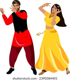 Indian couple dancing a wedding dance Groom in a bright suit Bride in a yellow sari Newlyweds dancing a cheerful dance Vector