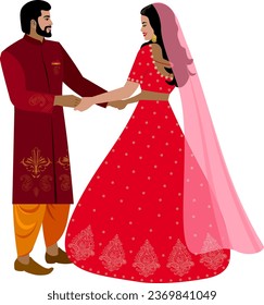Indian couple dancing in wedding suits at their wedding first dance Groom in burgundy suit with gold pattern bride in traditional wedding red sari Vector