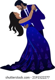 Indian couple in dark blue suits dancing at wedding celebration party Vector