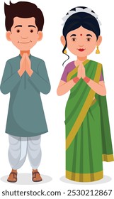 Pareja india haciendo Namaste, para la feliz celebración del Diwali.