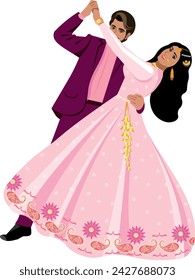 An Indian couple in elegant wedding costumes dances the first wedding dance The groom in  purple suit the bride in  soft pink wedding dress  Vector