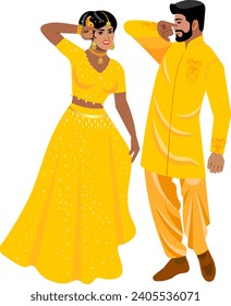 Indian couple in elegant yellow costumes beautifully dances traditional Indian dance Vector
