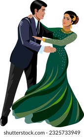 La pareja india se involucra con el baile de la canción de bodas de la recién casada Novia en un lujoso vestido verde oscuro con un novio indio en un traje oscuro formal con una camisa blanca y una corbata Vector