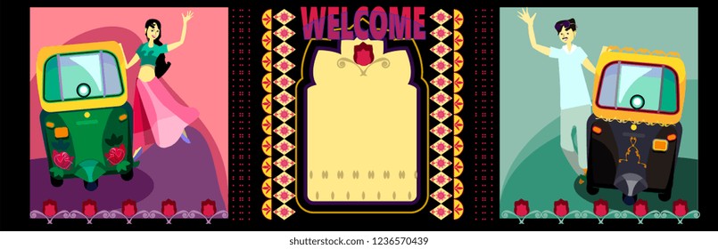 Indian couple enjoying in rickshaws.Vector illustration of Indian wedding invitation card.