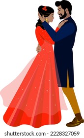 Indian couple in fancy dress Groom in dark blue suit bride in red dress with sequins Vector