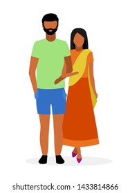 Indian couple flat vector illustration. Woman in sari, dhoti and bearded man in casual style clothes cartoon characters isolated on white background. Traditional hindu wife and husband holding hands