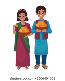 indian couple with food in diwali festival isolated