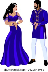 Indian couple getting married singing lovers dance Bride and groom dancing in dark purple wedding suits Vector