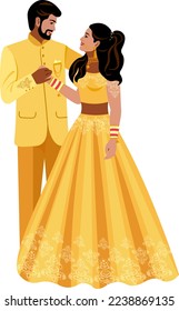 Indian couple happy groom bride in wedding suits  sherwanis in yellow color Vector