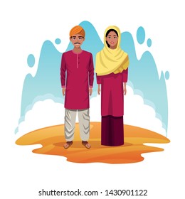 indian couple of india wearing traditional hindu clothes on desertscape scenery vector illustration graphic design