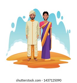 indian couple of india wearing traditional hindu clothes on desertscape scenery vector illustration graphic design