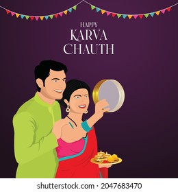 Indian Couple Karwa Chauth VEctor Template