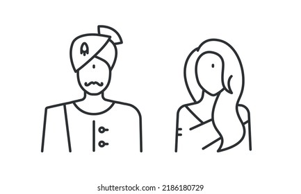 Indian couple line icon set. Young woman with long hair and indian sikh man in turban. Bride and groom symbols. Vector illustration