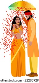 Indian couple in love under an umbrella Red rose petals in the form of hearts pour down from the umbrella on the newlyweds  Vector