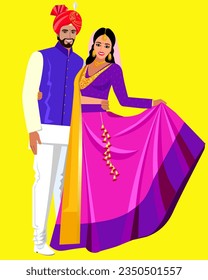 Pareja india en la ceremonia de matrimonio con elegantes trajes de boda tradicionales nacionales Vector