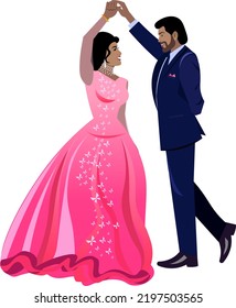 Indian couple of newlyweds in beautiful costumes dancing wedding dance Vector