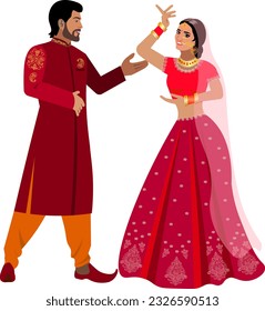 Indian Couple Newlyweds Wedding First Dance of Bride and Groom in Traditional Wedding Dresses Vector