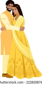 Indian couple of newlyweds at the wedding in yellow color suits Vector