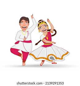 Indian Couple Performing Kathak In Traditional Attire Against White Background.