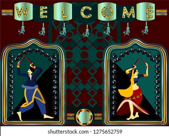 Indian couple playing Garba in Dandiya Night Navratri Dussehra festival. Traditional dance of india, village dance.