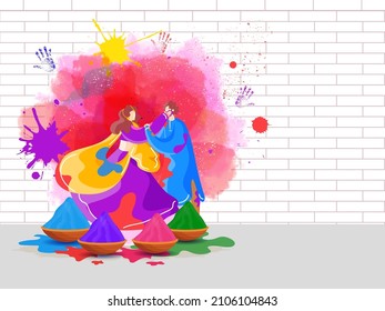 Indian Couple Playing Holi With Each Other, Handprint, Bowl Full Of Powder Color (Gulal) And Red Watercolor Effect On White Brick Wall Background.