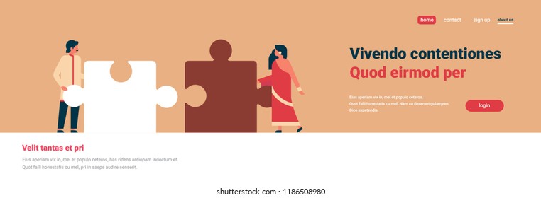 indian couple putting parts of puzzle together hindu man woman team working concept orange background horizontal banner flat copy space vector illustration