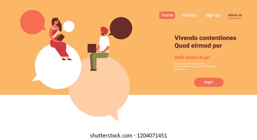 indian couple sitting chat bubbles communication speech dialogue indian man woman using laptop cartoon character full length copy space horizontal flat vector illustration