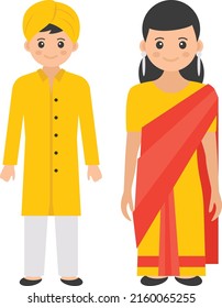 Indian couple standing together Concept, groom dressed in yellow Sherwani and stunning bride in red saris vector color icon design, World Indigenous Peoples symbol, characters in casual clothes Sign, 