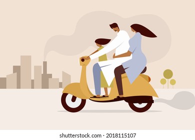 An Indian couple and their daughter travel in a scooter