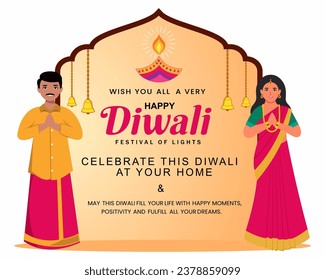 Pareja india en ropa tradicional y celebra el diseño editable de ilustración vectorial del festival Diwali.