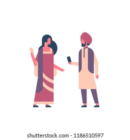 indian couple wearing national traditional clothes hindu man woman communication concept using smartphone male female cartoon character full length isolated flat vector illustration