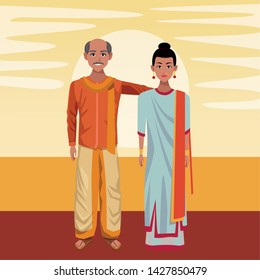 indian couple wearing traditional hindu clothes woman with sari and big earrings and man with moustache and bald wearing