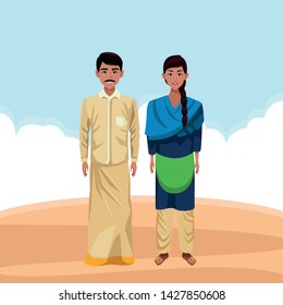 indian couple wearing traditional hindu clothes man with moustache and woman with braid profile picture avatar cartoon