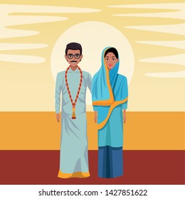 indian couple wearing traditional hindu clothes woman with hiyab and man with moustache, glasses and a big necklace wearing traditional hindu clothes profile picture avatar cartoon character portrait