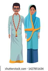 indian couple wearing traditional hindu clothes woman with hiyab and man with moustache, glasses and a big necklace wearing traditional hindu clothes profile picture avatar cartoon character portrait