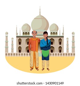 indian couple wearing traditional hindu clothes man with moustache and bald woman with braid and indian monument taj mahal behind profile