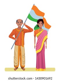 indian couple wearing traditional hindu clothes man with moustache and bald and woman with sari and hiyab