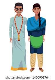 indian couple wearing traditional hindu clothes man with moustache and glasses woman with braid profile picture avatar cartoon character portrait vector illustration graphic design