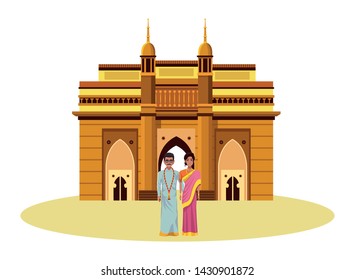 indian couple wearing traditional hindu clothes man with moustache and glasses woman with sari and jewelry and indian monument charminar