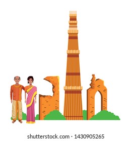 indian couple wearing traditional hindu clothes man with moustache and bald woman with sari and jewelry and indian monument qutab minar behind